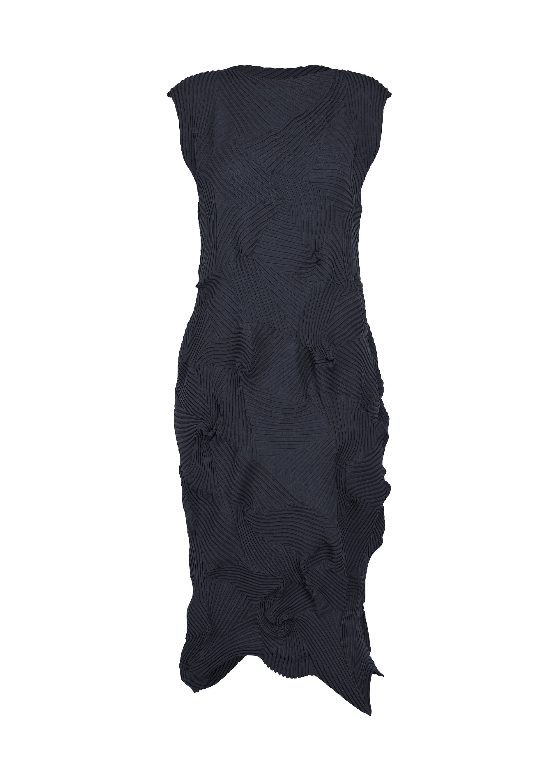 Zoomed view TYPE-P 003-1 by A-POC ABLE ISSEY MIYAKE is a sleeveless black midi dress crafted from textured, crinkled fabric with an asymmetrical hem. Reminiscent of a Baked Stretch dress, it showcases a subtle wavy striped pattern and features a fitted, sculpted silhouette, making it perfect for versatile everyday wear. - NAVY （no.75）