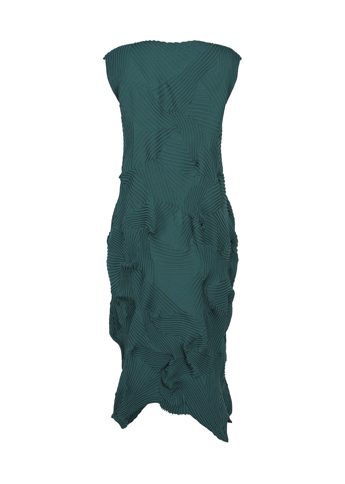 Teal, strapless, knee-length TYPE-P 003-1 dress by A-POC ABLE ISSEY MIYAKE, featuring a textured, ruched pattern with wavy lines and an asymmetrical hem. This versatile everyday piece is shown without any visible accessories or background. view 4 of 6