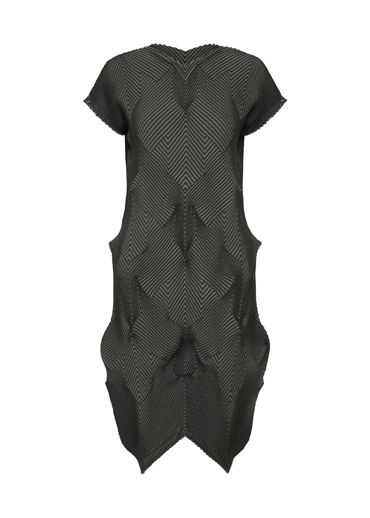 TYPE-O 010-1 by A-POC ABLE ISSEY MIYAKE: a black textured pleated dress featuring a geometric optical illusion pattern and jagged sculptural edges, crafted from recycled polyester, shown on a white background. view 1 of 5