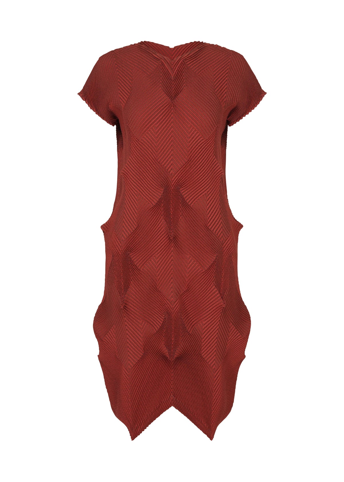 The TYPE-O 010-1 by A-POC ABLE ISSEY MIYAKE is a red, short-sleeved knee-length dress featuring pleats, a textured geometric pattern, and sculpted 3D details along the sides. view 2 of 5