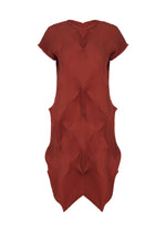 The TYPE-O 010-1 by A-POC ABLE ISSEY MIYAKE is a red, short-sleeved knee-length dress featuring pleats, a textured geometric pattern, and sculpted 3D details along the sides. - RED （no.24）