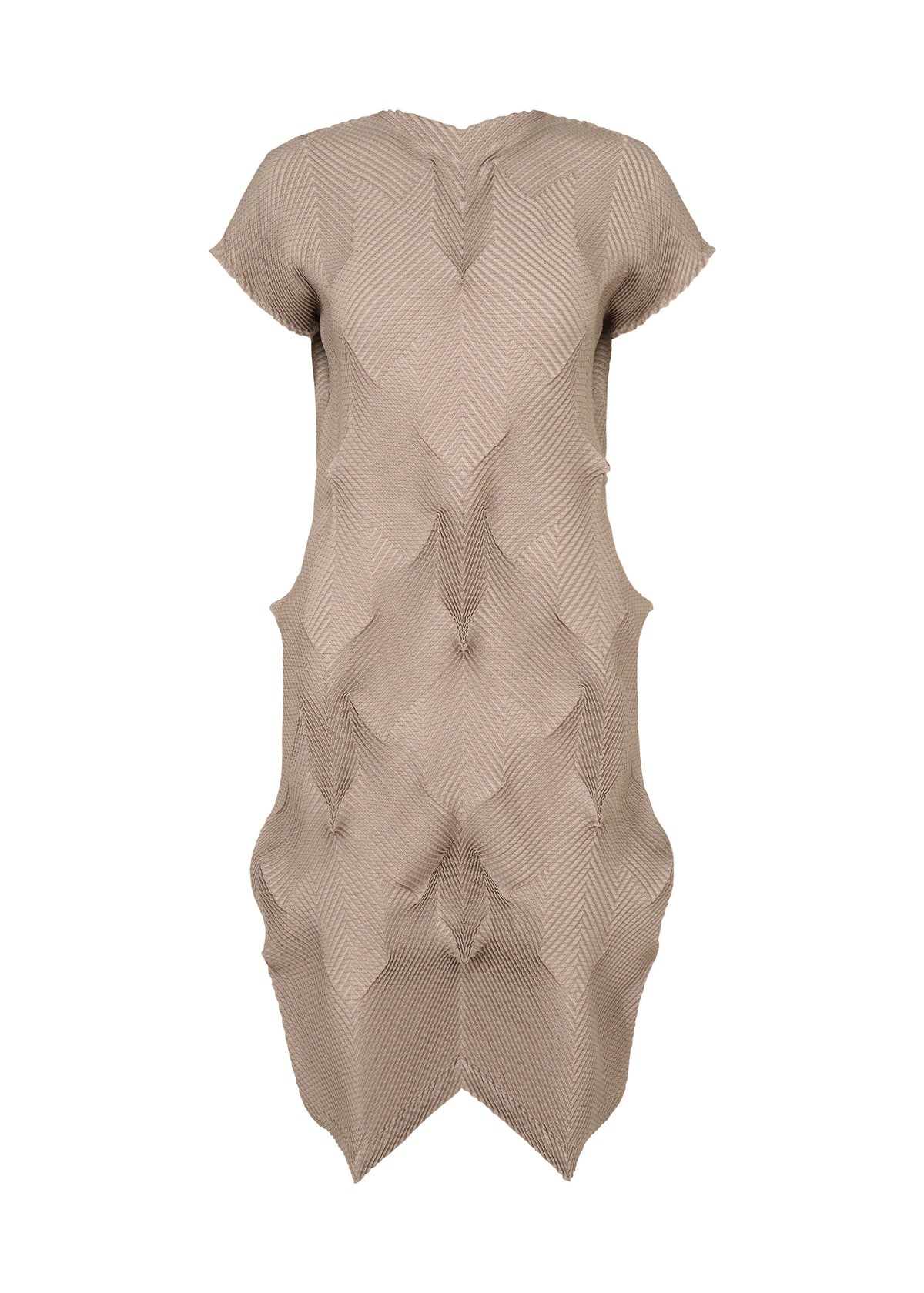 The TYPE-O 010-1 by A-POC ABLE ISSEY MIYAKE is a beige, short-sleeved pleated dress with a geometric texture, sculptural 3D design, asymmetric hem, and made of recycled polyester with no visible fastenings. view 3 of 5
