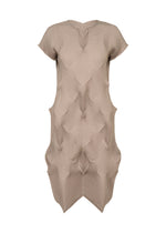The TYPE-O 010-1 by A-POC ABLE ISSEY MIYAKE is a beige, short-sleeved pleated dress with a geometric texture, sculptural 3D design, asymmetric hem, and made of recycled polyester with no visible fastenings. - BEIGE （no.41）