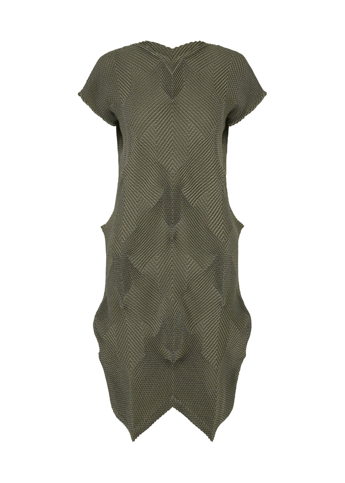 The TYPE-O 010-1 by A-POC ABLE ISSEY MIYAKE is an olive green, short-sleeved dress featuring geometric textures, a sculptural wavy silhouette, and crafted from recycled polyester for a unique 3D effect. view 4 of 5