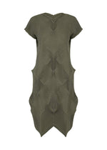 The TYPE-O 010-1 by A-POC ABLE ISSEY MIYAKE is an olive green, short-sleeved dress featuring geometric textures, a sculptural wavy silhouette, and crafted from recycled polyester for a unique 3D effect. - KHAKI （no.65）