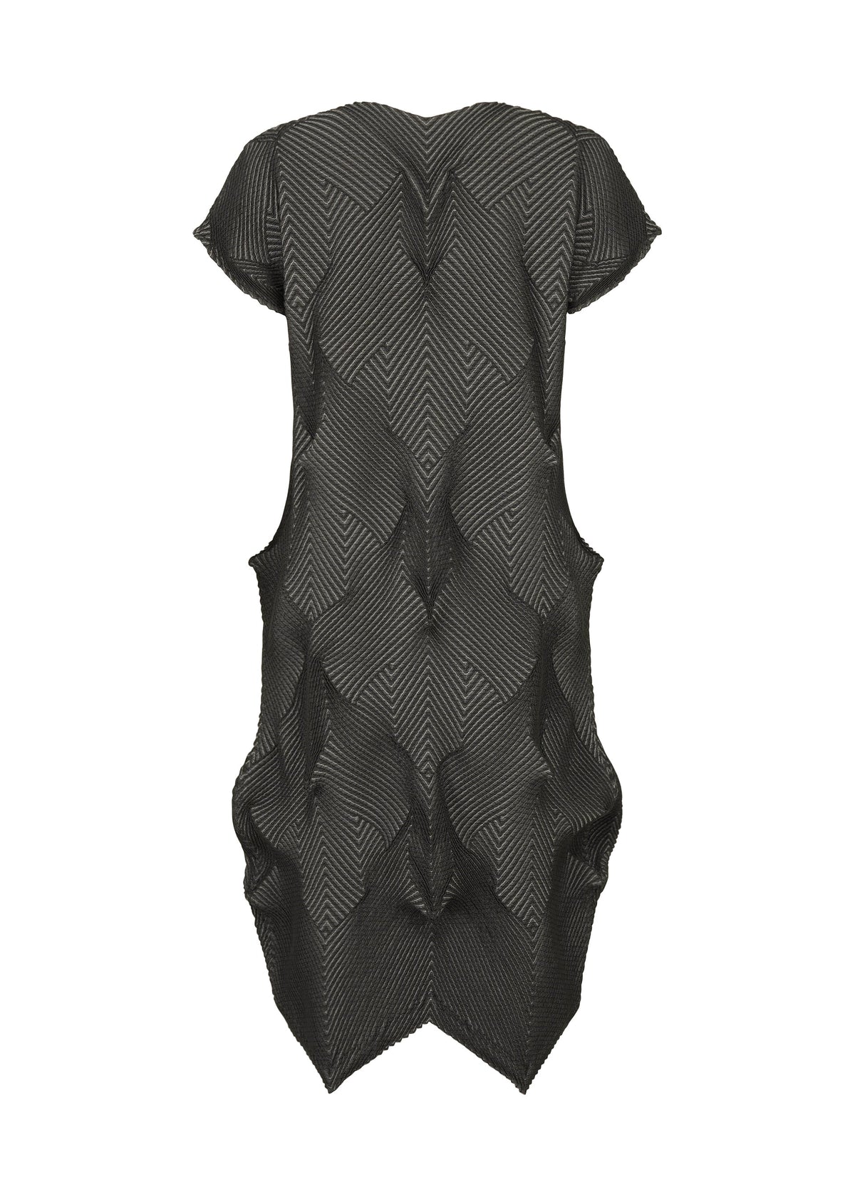 The TYPE-O 010-1 by A-POC ABLE ISSEY MIYAKE is a black pleated dress featuring sculptural, geometric points and a chevron texture, shown against a white background. view 5 of 5