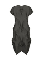 The TYPE-O 010-1 by A-POC ABLE ISSEY MIYAKE is a black pleated dress featuring sculptural, geometric points and a chevron texture, shown against a white background.