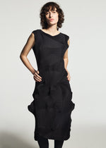 A person with short, curly brown hair wears the TYPE-O 003 BK, a sleeveless black pleated dress by A-POC ABLE ISSEY MIYAKE, featuring textured geometric pleats crafted from innovative Baked Stretch fabric. Standing against a plain light background, this stylish piece offers versatile everyday wear while making a bold fashion statement.