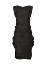 Introducing the A-POC ABLE ISSEY MIYAKE TYPE-O 003 BK: a black, sleeveless, knee-length dress featuring geometric pleats and a sculptural, textured pattern. Crafted from innovative Baked Stretch fabric, this modern piece offers a three-dimensional silhouette that’s perfect for versatile everyday wear.