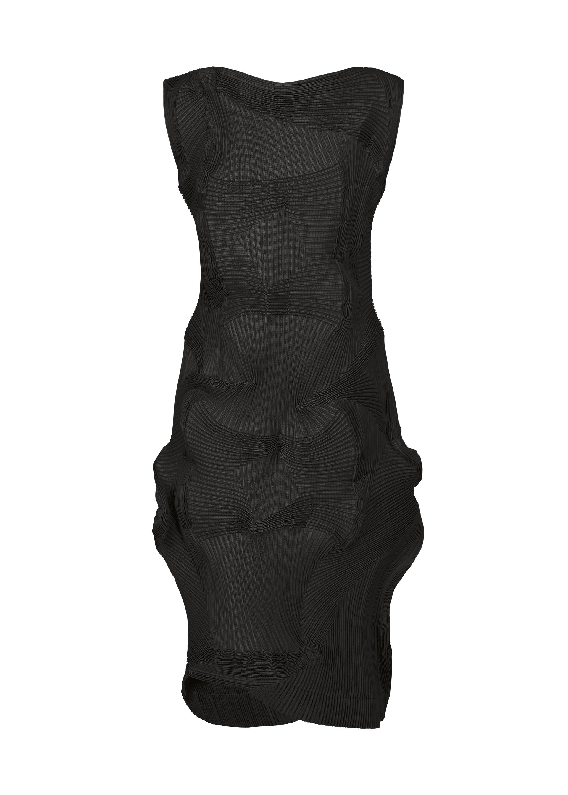 Zoomed view Introducing the A-POC ABLE ISSEY MIYAKE TYPE-O 003 BK: a black, sleeveless, knee-length dress featuring geometric pleats and a sculptural, textured pattern. Crafted from innovative Baked Stretch fabric, this modern piece offers a three-dimensional silhouette that’s perfect for versatile everyday wear.