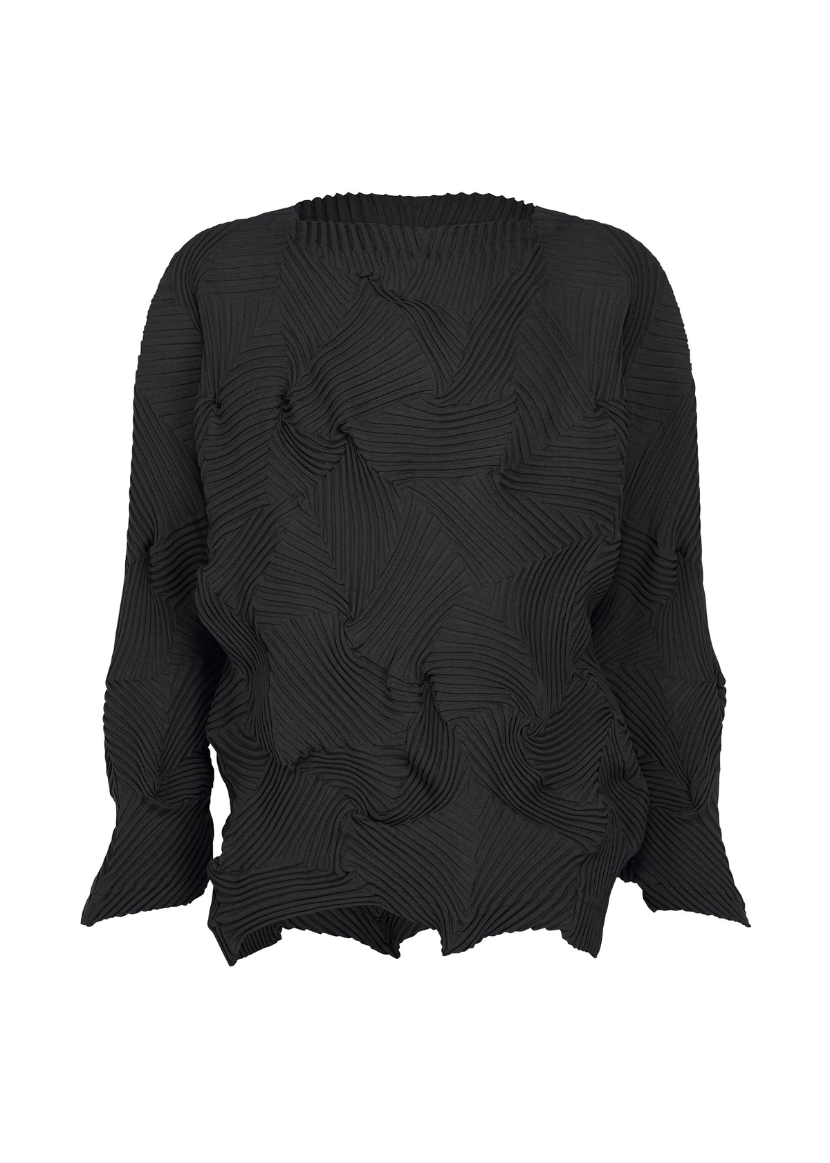 The TYPE-P 003-1 top by A-POC ABLE ISSEY MIYAKE is a black, long-sleeved garment made from pleated stretch fabric, featuring a signature three-dimensional wavy texture inspired by Baked Stretch designs. view 1 of 7