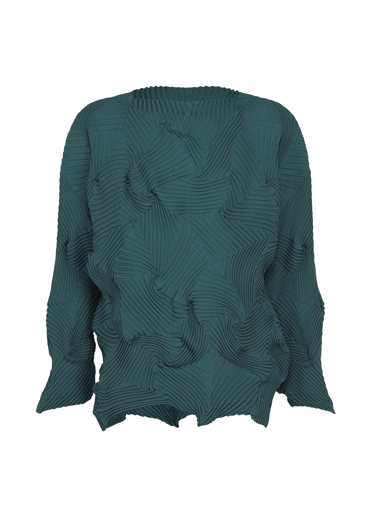 The TYPE-P 003-1 by A-POC ABLE ISSEY MIYAKE is a dark green long-sleeved top crafted from abstract, pleated stretch material with wavy edges. The fabric showcases raised angular patterns reminiscent of baked stretch techniques, creating a sculpted, modern look against a plain white background. view 2 of 7
