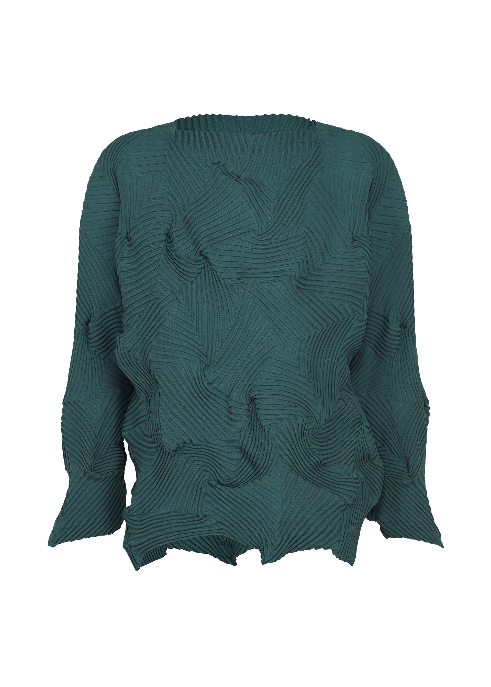 Zoomed view The TYPE-P 003-1 by A-POC ABLE ISSEY MIYAKE is a dark green long-sleeved top crafted from abstract, pleated stretch material with wavy edges. The fabric showcases raised angular patterns reminiscent of baked stretch techniques, creating a sculpted, modern look against a plain white background. - TURQUOISE GREEN （no.60）