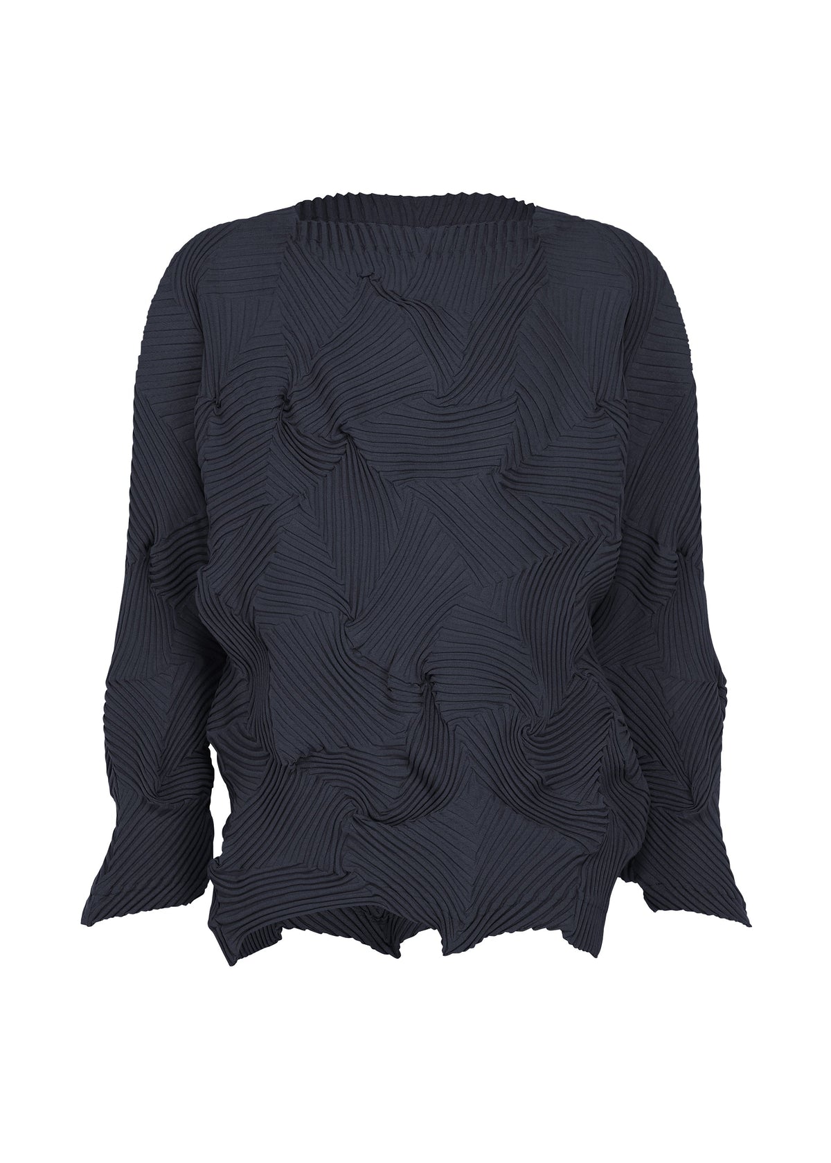 TYPE-P 003-1 by A-POC ABLE ISSEY MIYAKE is a textured black long-sleeve top crafted from pleated stretch material, featuring a unique crinkled geometric pleat pattern throughout. The fabric showcases an irregular, sculptural appearance with wavy edges at the hem and sleeves. view 3 of 7