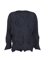 TYPE-P 003-1 by A-POC ABLE ISSEY MIYAKE is a textured black long-sleeve top crafted from pleated stretch material, featuring a unique crinkled geometric pleat pattern throughout. The fabric showcases an irregular, sculptural appearance with wavy edges at the hem and sleeves. - NAVY （no.75）