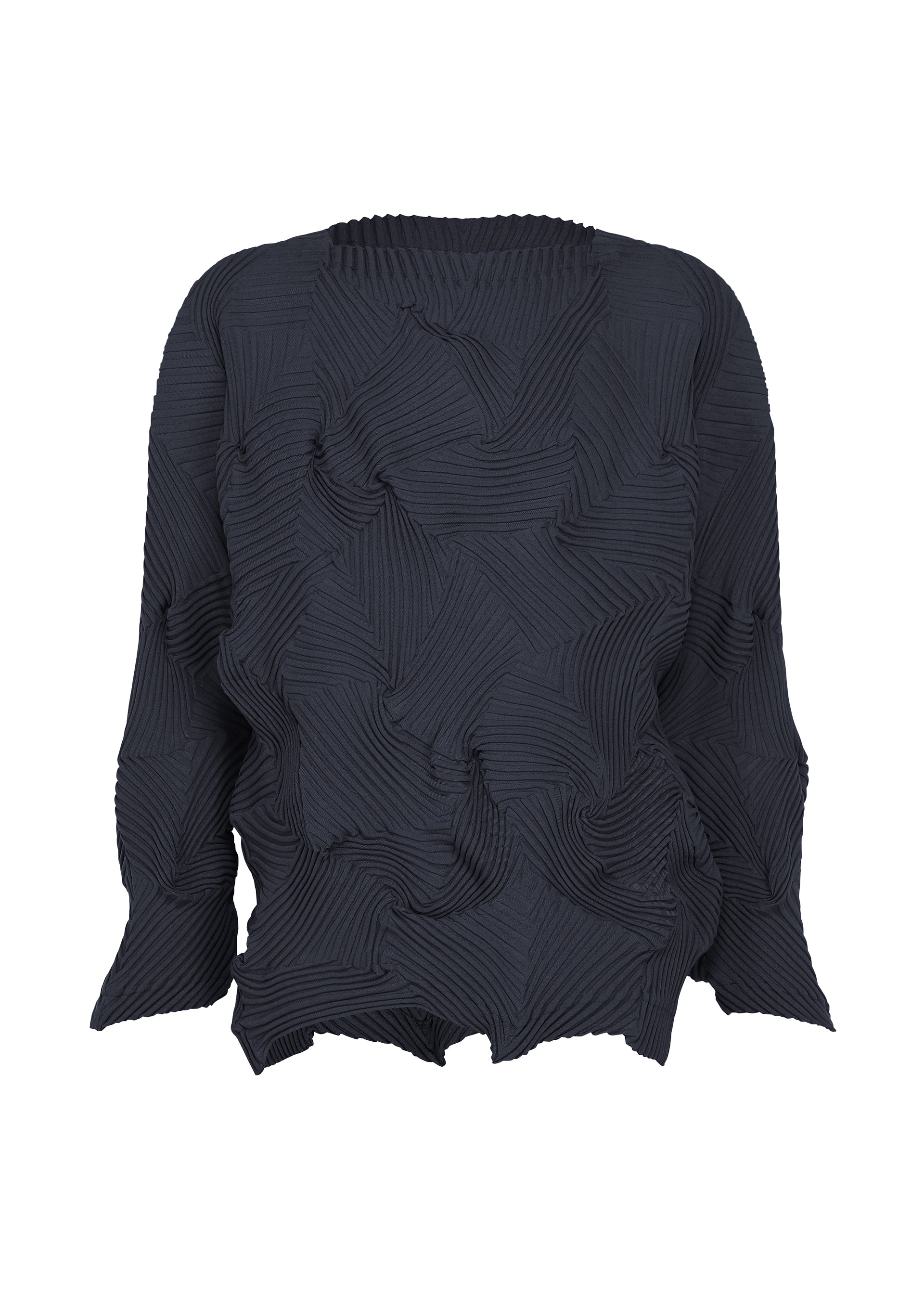Zoomed view TYPE-P 003-1 by A-POC ABLE ISSEY MIYAKE is a textured black long-sleeve top crafted from pleated stretch material, featuring a unique crinkled geometric pleat pattern throughout. The fabric showcases an irregular, sculptural appearance with wavy edges at the hem and sleeves. - NAVY （no.75）