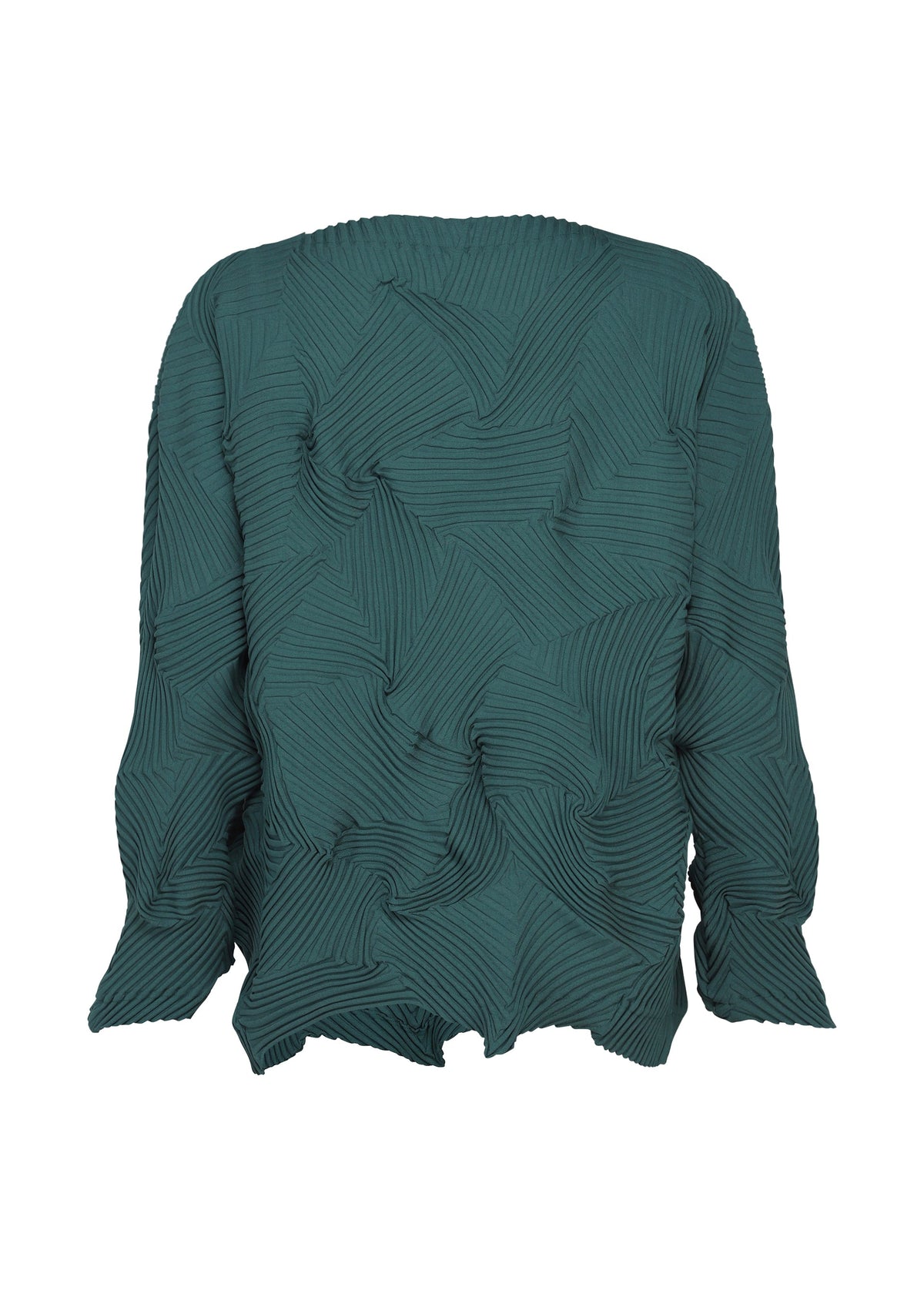 The TYPE-P 003-1 by A-POC ABLE ISSEY MIYAKE is a dark green long-sleeved top made from pleated stretch fabric, adorned with a textured geometric pattern. Irregular, wavy edges accent the hem, cuffs, and neckline. The shirt is displayed against a plain white background. view 4 of 7