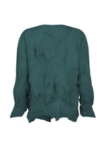 The TYPE-P 003-1 by A-POC ABLE ISSEY MIYAKE is a dark green long-sleeved top made from pleated stretch fabric, adorned with a textured geometric pattern. Irregular, wavy edges accent the hem, cuffs, and neckline. The shirt is displayed against a plain white background.