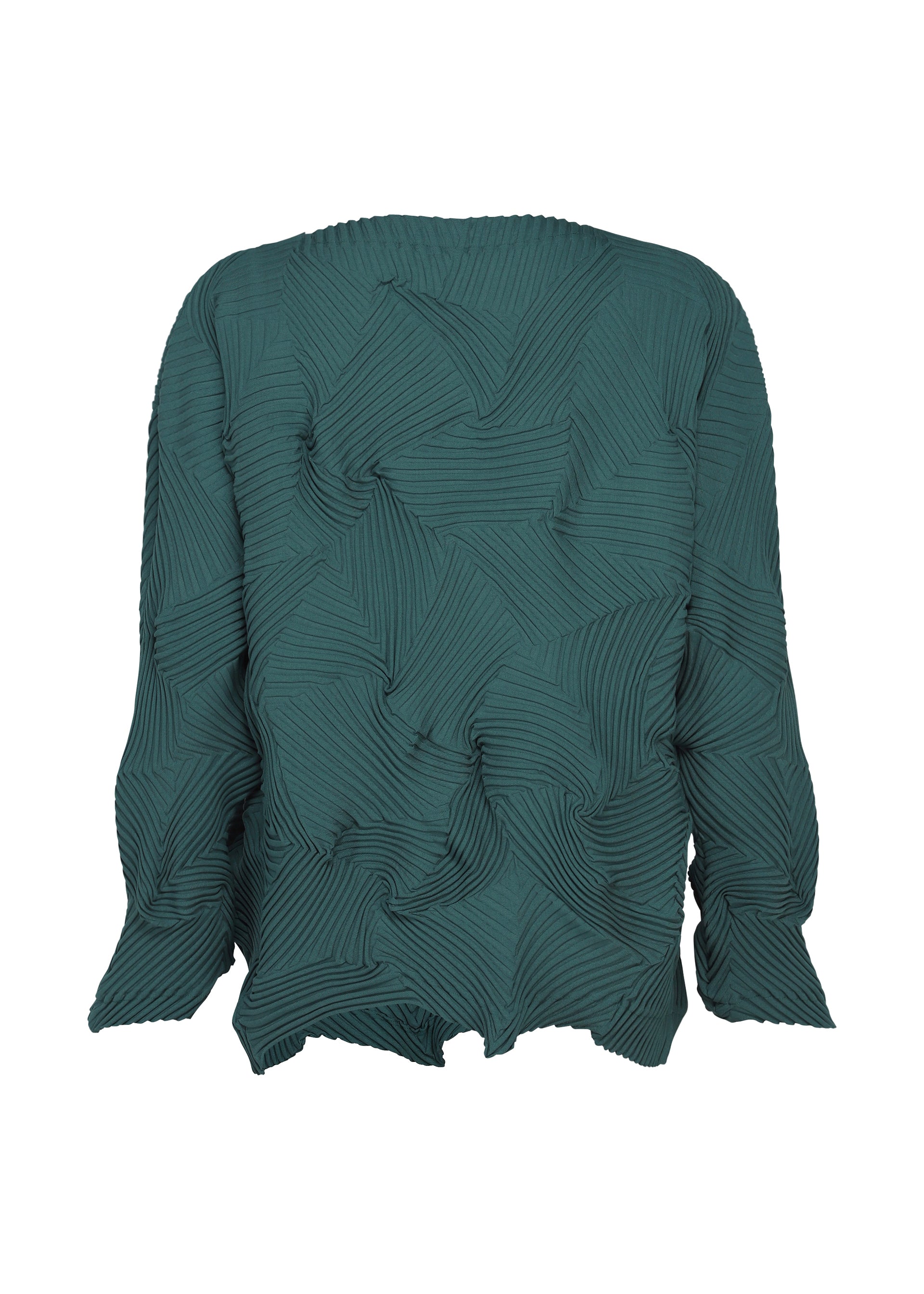 Zoomed view The TYPE-P 003-1 by A-POC ABLE ISSEY MIYAKE is a dark green long-sleeved top made from pleated stretch fabric, adorned with a textured geometric pattern. Irregular, wavy edges accent the hem, cuffs, and neckline. The shirt is displayed against a plain white background.