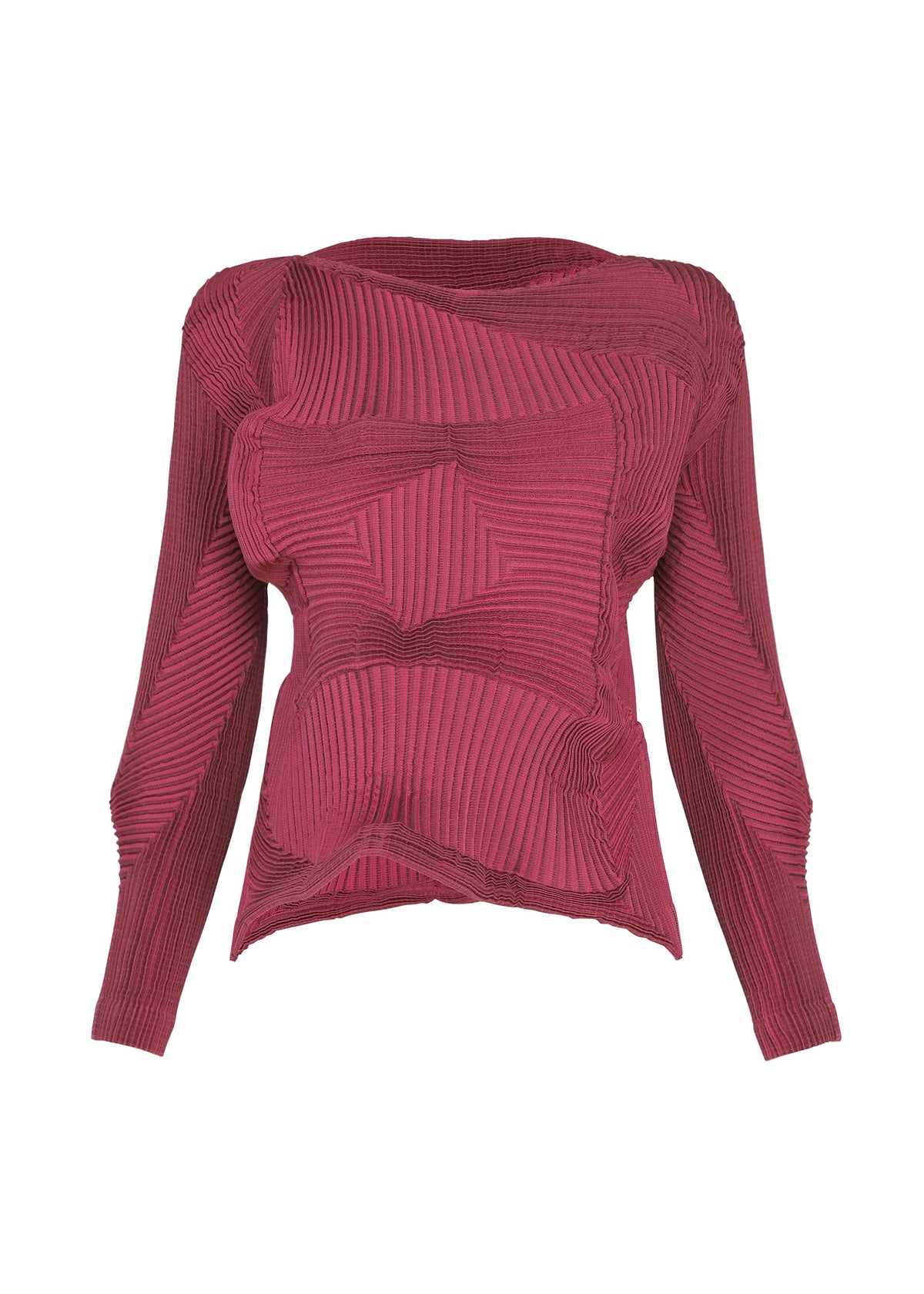 Zoomed view The TYPE-O 003-1 by A-POC ABLE ISSEY MIYAKE is a pleated, long-sleeved knit top in a deep red hue, featuring ribbed construction and geometric, textured patterns that create a striking three-dimensional effect. Crafted from recycled polyester, this piece seamlessly combines sustainable materials with innovative contemporary design for an elevated wardrobe essential. - PINK （no.22）