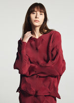 A person with long brown hair wears the TYPE-O 010-1 by A-POC ABLE ISSEY MIYAKE, a pleated dark red recycled polyester top, standing against a light background and looking at the camera with a neutral expression.