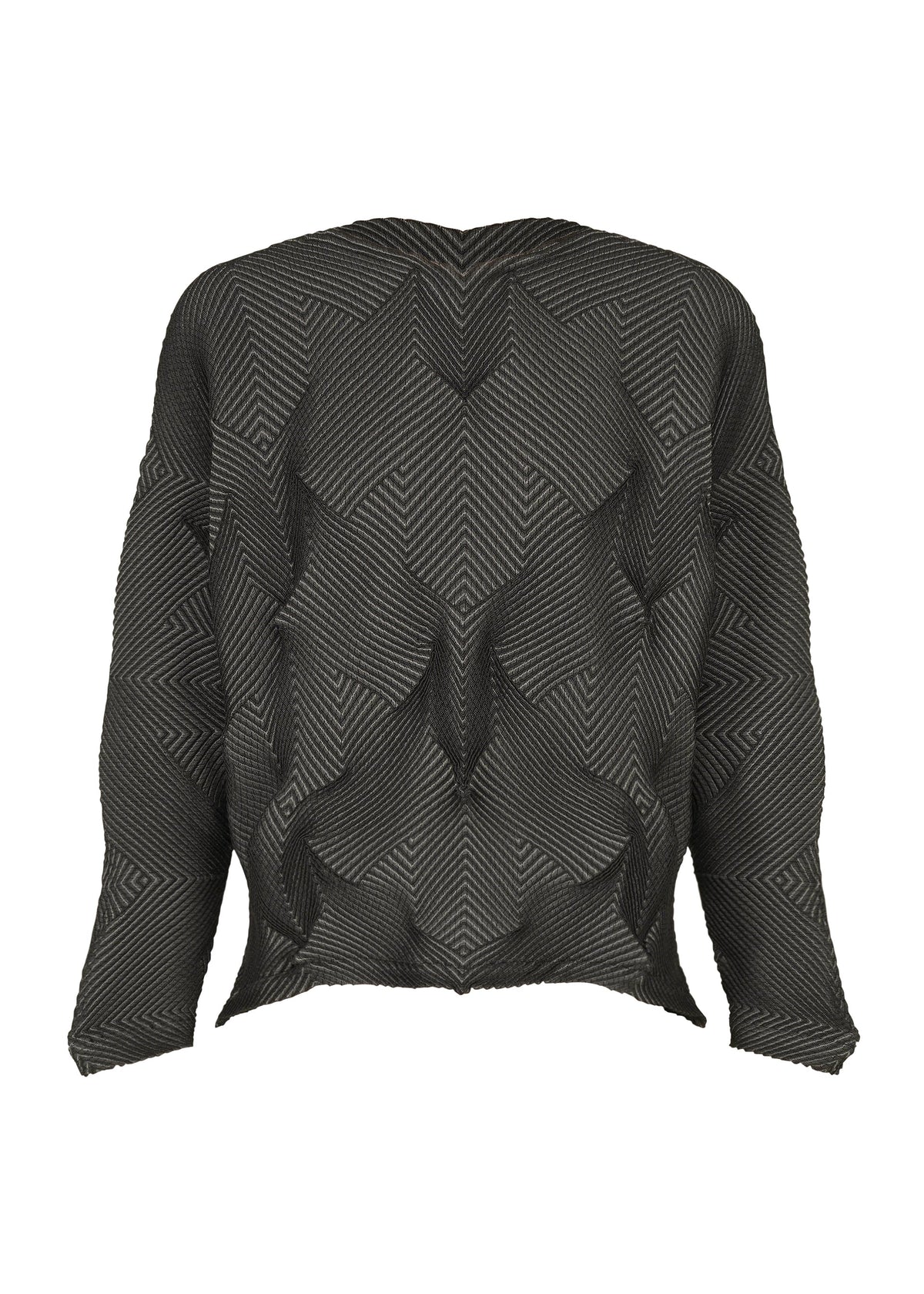 TYPE-O 010-1 by A-POC ABLE ISSEY MIYAKE: a black pleated, long-sleeved top with a textured geometric zigzag pattern, shown on a white background. view 1 of 9
