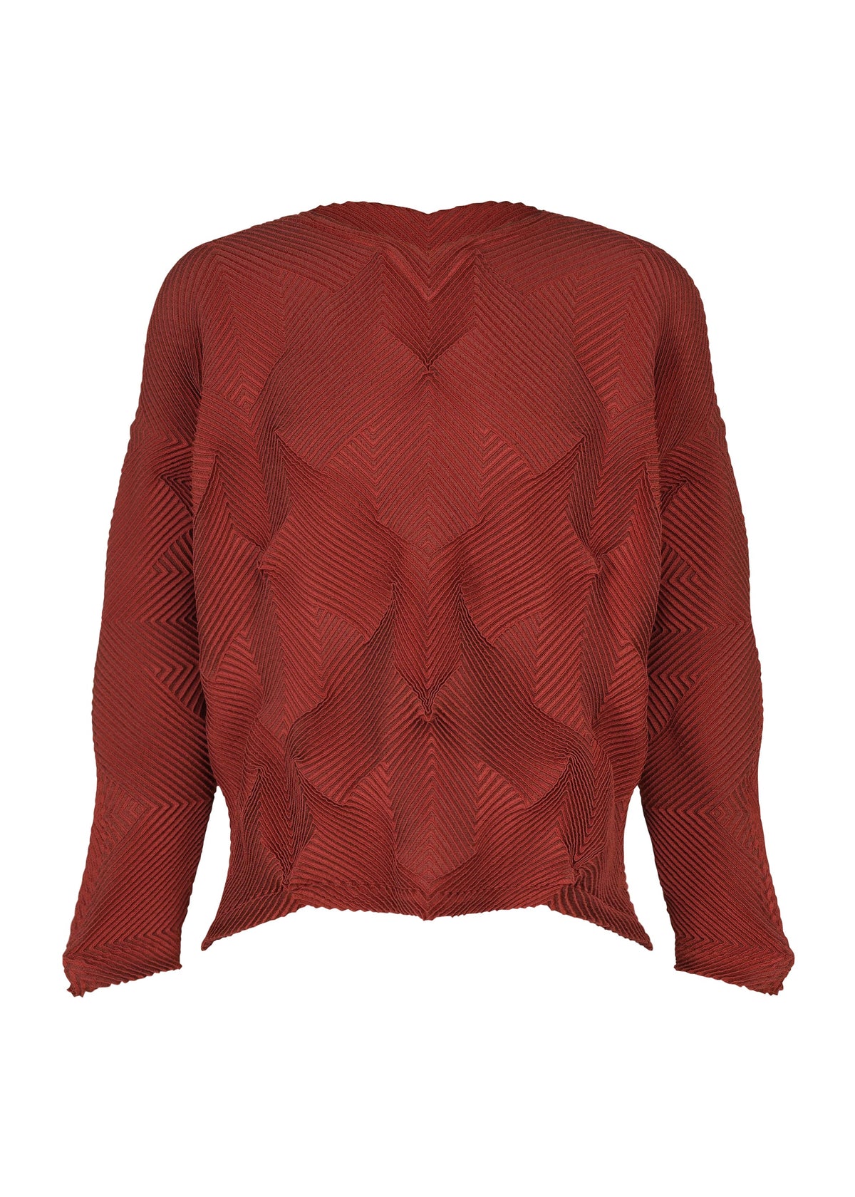 TYPE-O 010-1 by A-POC ABLE ISSEY MIYAKE: a textured, dark red, long-sleeve sweater in recycled polyester with a geometric zigzag pattern, shown from the back on a white background. view 2 of 9