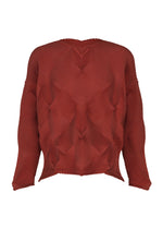 TYPE-O 010-1 by A-POC ABLE ISSEY MIYAKE: a textured, dark red, long-sleeve sweater in recycled polyester with a geometric zigzag pattern, shown from the back on a white background. - RED （no.24）