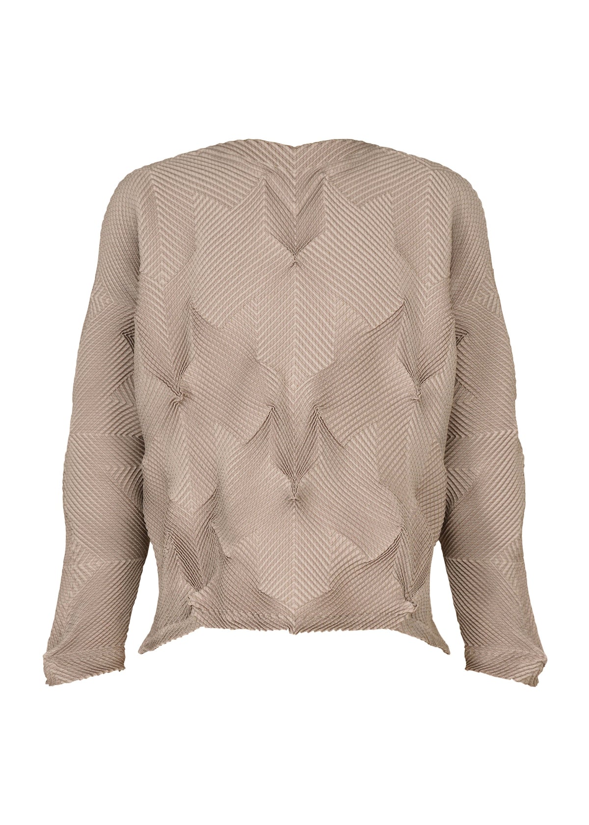 TYPE-O 010-1 by A-POC ABLE ISSEY MIYAKE is a beige pleated long-sleeved top featuring textured geometric patterns and origami-like folds, shown against a white background. view 3 of 9