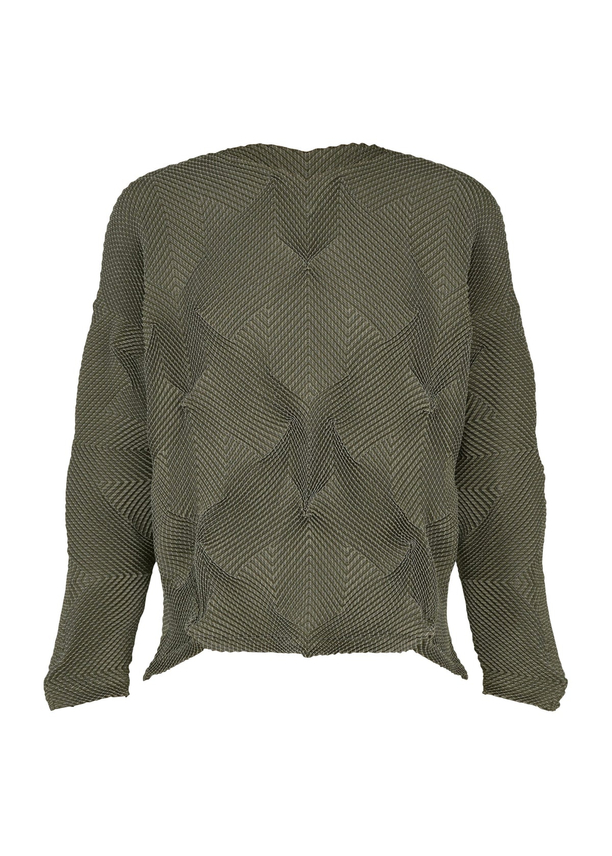 TYPE-O 010-1 by A-POC ABLE ISSEY MIYAKE: Olive green textured sweater in recycled polyester with a diamond pattern, long sleeves, subtle ridges, and a slightly asymmetrical hem. view 4 of 9