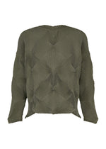 TYPE-O 010-1 by A-POC ABLE ISSEY MIYAKE: Olive green textured sweater in recycled polyester with a diamond pattern, long sleeves, subtle ridges, and a slightly asymmetrical hem. - KHAKI （no.65）
