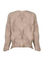 TYPE-O 010-1 by A-POC ABLE ISSEY MIYAKE: a beige, long-sleeved sweater with a subtle geometric textured pattern and relaxed fit, shown from the back on a white background.