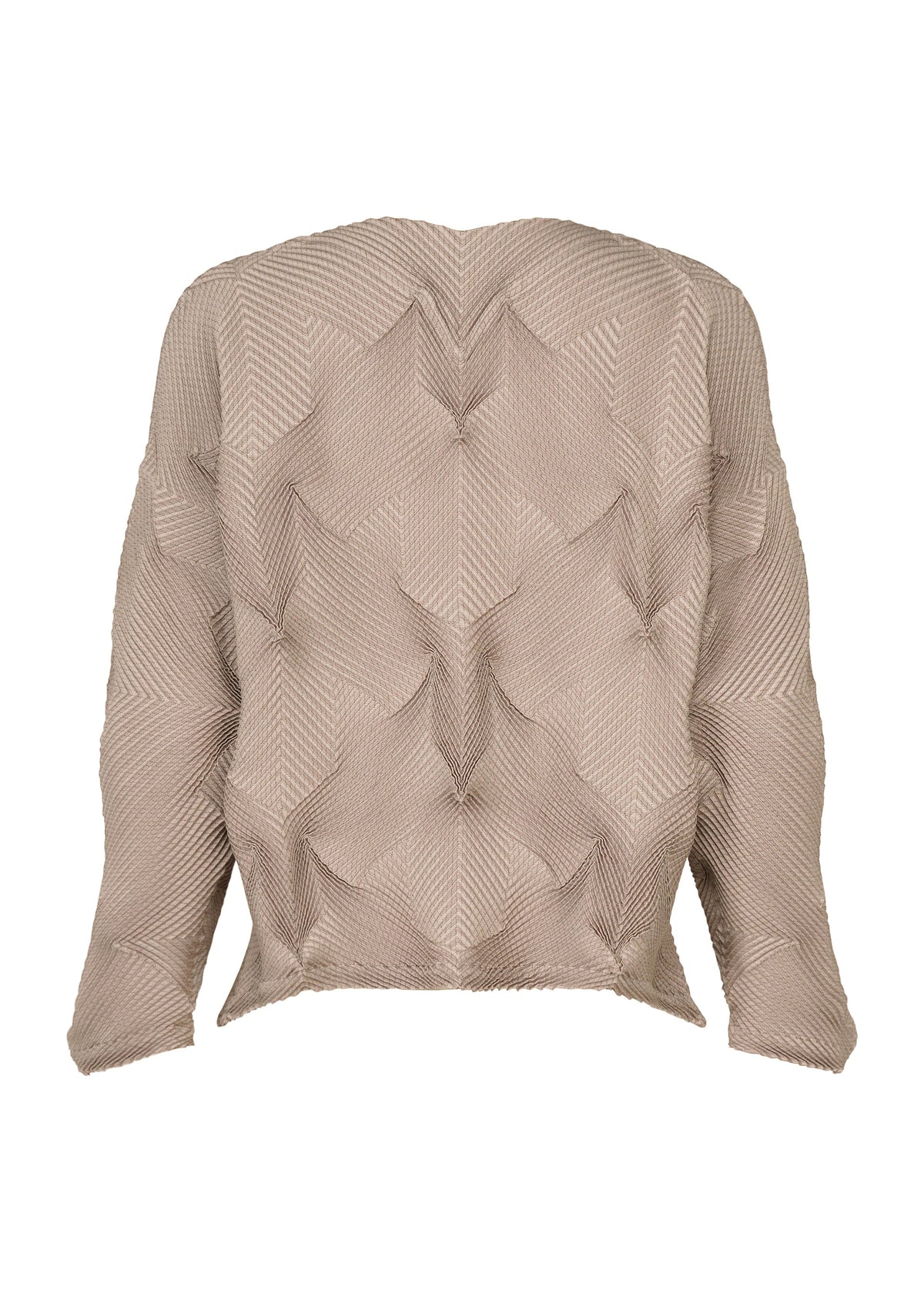 Zoomed view TYPE-O 010-1 by A-POC ABLE ISSEY MIYAKE: a beige, long-sleeved sweater with a subtle geometric textured pattern and relaxed fit, shown from the back on a white background.