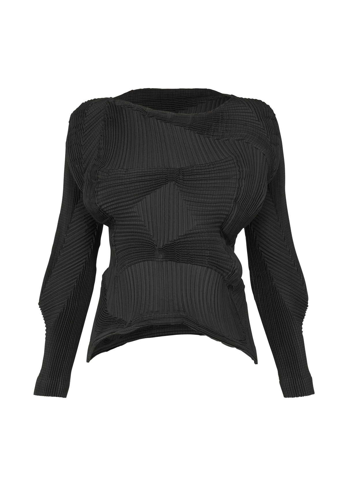 TYPE-O 003 BK by A-POC ABLE ISSEY MIYAKE: a black long-sleeve asymmetrical knit top featuring textured geometric patterns, a fitted waist, and an irregular shoulder design—crafted from sustainable, plant-derived polyester—presented against a plain white background. view 1 of 2
