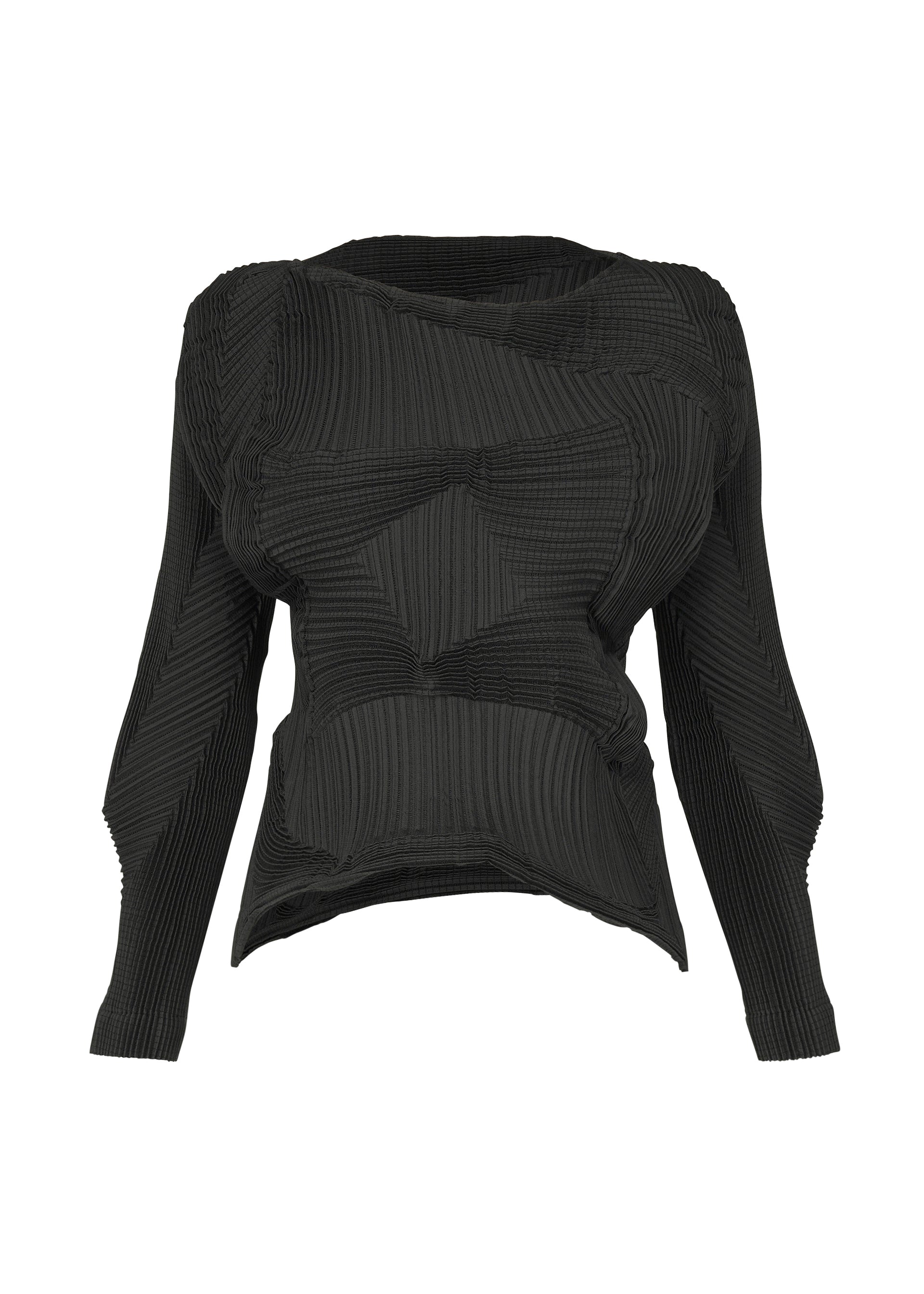 Zoomed view TYPE-O 003 BK by A-POC ABLE ISSEY MIYAKE: a black long-sleeve asymmetrical knit top featuring textured geometric patterns, a fitted waist, and an irregular shoulder design—crafted from sustainable, plant-derived polyester—presented against a plain white background. - BLACK （no.15）