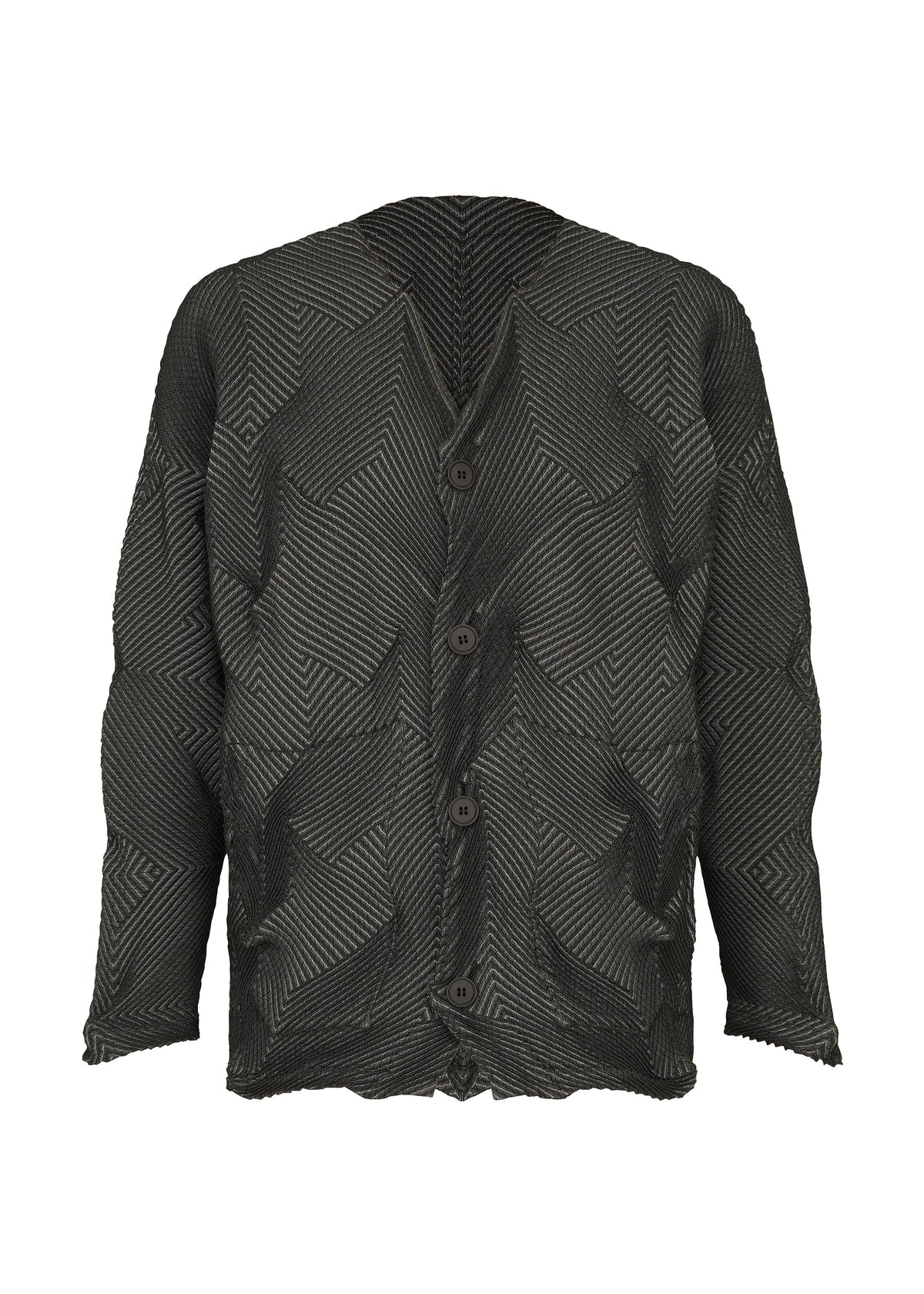TYPE-O 010-1 by A-POC ABLE ISSEY MIYAKE: a black pleated cardigan with a geometric zigzag texture, five front buttons, relaxed fit, and made from recycled polyester. view 1 of 13