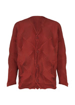 TYPE-O 010-1 by A-POC ABLE ISSEY MIYAKE is a textured, long-sleeve red pleated cardigan with a houndstooth pattern and back buttons, crafted from recycled polyester for a unique 3D effect. - RED （no.24）