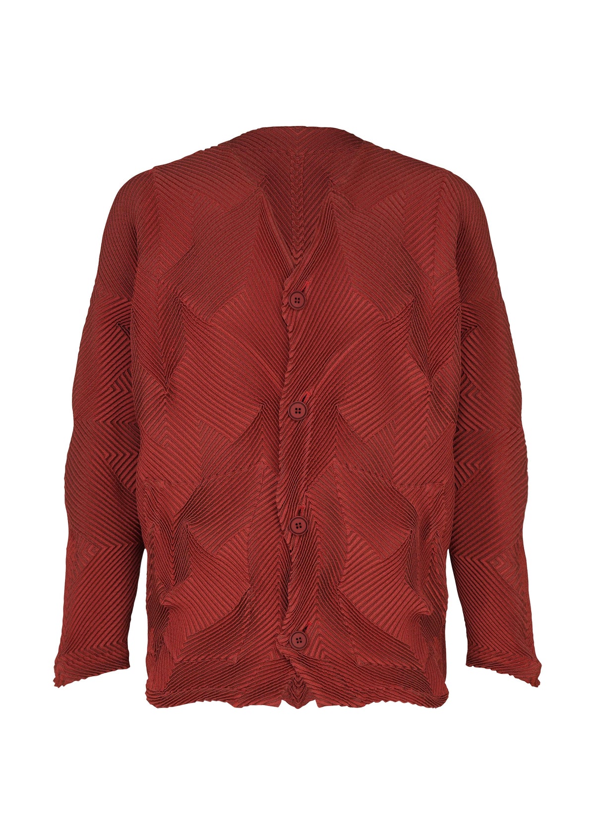Zoomed view TYPE-O 010-1 by A-POC ABLE ISSEY MIYAKE is a textured, long-sleeve red pleated cardigan with a houndstooth pattern and back buttons, crafted from recycled polyester for a unique 3D effect. - RED （no.24）