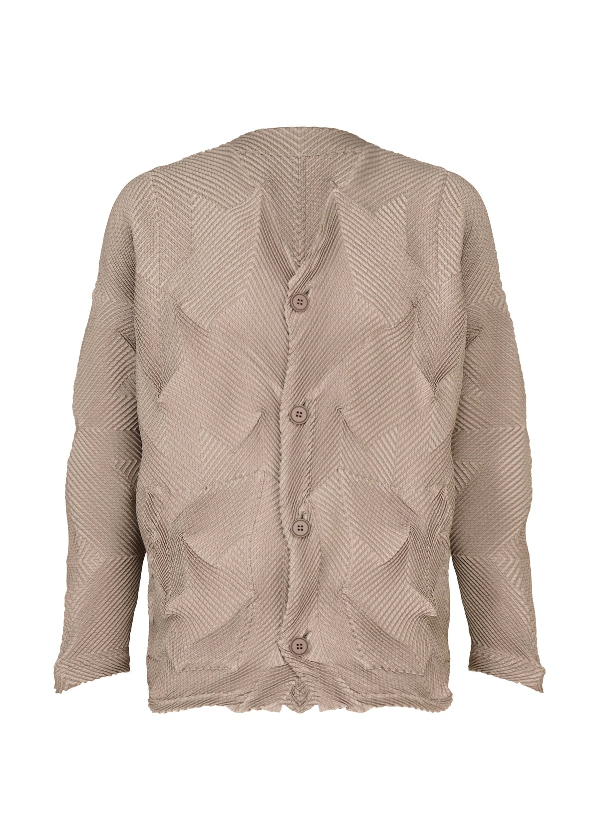 The TYPE-O 010-1 by A-POC ABLE ISSEY MIYAKE is a beige, long-sleeve pleated cardigan featuring a textured geometric pattern, matching round buttons, and a slightly crinkled recycled polyester fabric. view 3 of 13