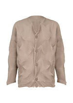 The TYPE-O 010-1 by A-POC ABLE ISSEY MIYAKE is a beige, long-sleeve pleated cardigan featuring a textured geometric pattern, matching round buttons, and a slightly crinkled recycled polyester fabric. - BEIGE （no.41）