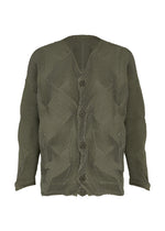 The TYPE-O 010-1 by A-POC ABLE ISSEY MIYAKE is an olive-green pleated cardigan featuring a geometric houndstooth pattern, five front buttons, and subtly wavy sleeve and bottom hems. - KHAKI （no.65）