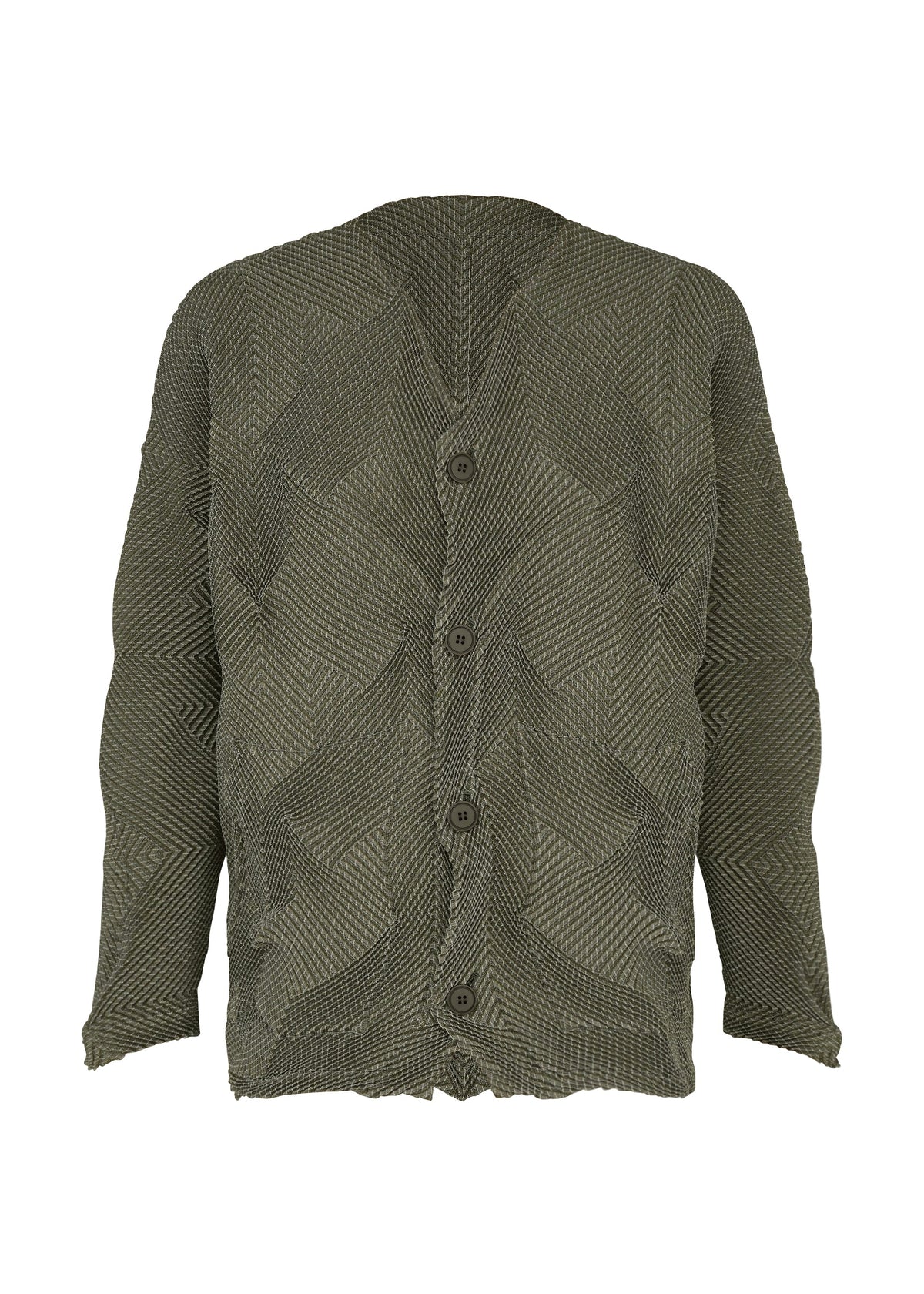 Zoomed view The TYPE-O 010-1 by A-POC ABLE ISSEY MIYAKE is an olive-green pleated cardigan featuring a geometric houndstooth pattern, five front buttons, and subtly wavy sleeve and bottom hems. - KHAKI （no.65）