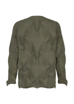 TYPE-O 010-1 by A-POC ABLE ISSEY MIYAKE: a long-sleeve olive green sweater with a geometric 3D and subtle houndstooth pattern, shown from the back on a white background.