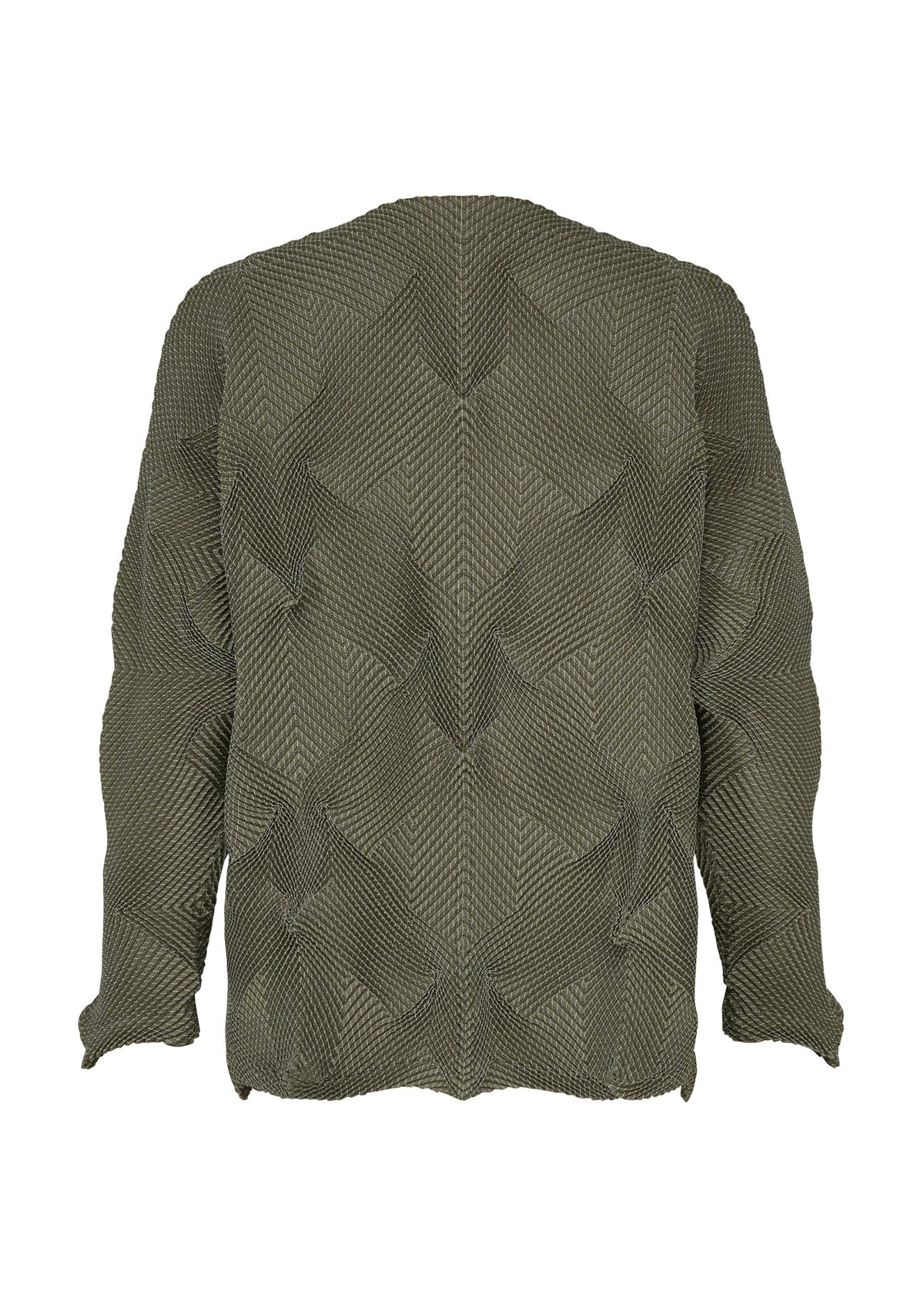 Zoomed view TYPE-O 010-1 by A-POC ABLE ISSEY MIYAKE: a long-sleeve olive green sweater with a geometric 3D and subtle houndstooth pattern, shown from the back on a white background.