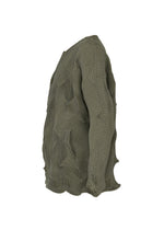 TYPE-O 010-1 by A-POC ABLE ISSEY MIYAKE: olive green textured sweater with patchwork geometric and houndstooth patterns, wavy hem, and eco-friendly recycled polyester construction.