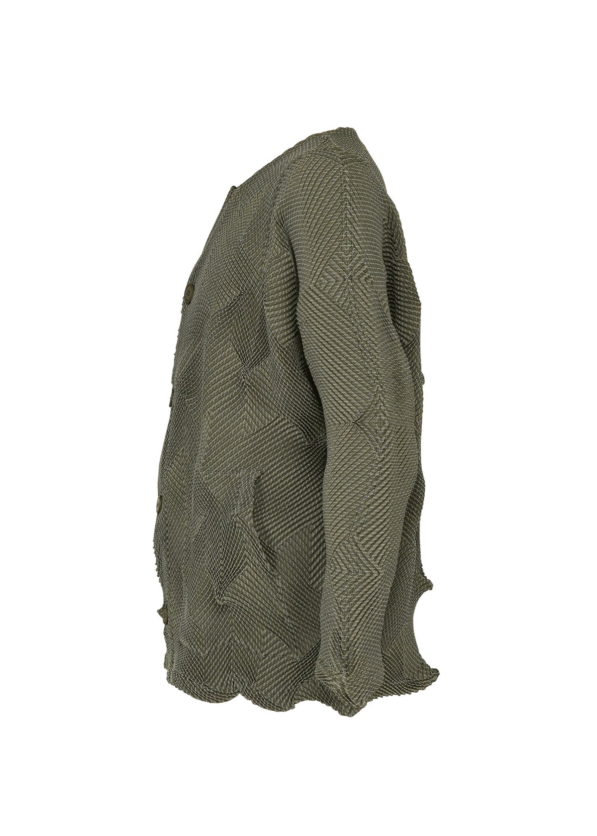 Zoomed view TYPE-O 010-1 by A-POC ABLE ISSEY MIYAKE: olive green textured sweater with patchwork geometric and houndstooth patterns, wavy hem, and eco-friendly recycled polyester construction.