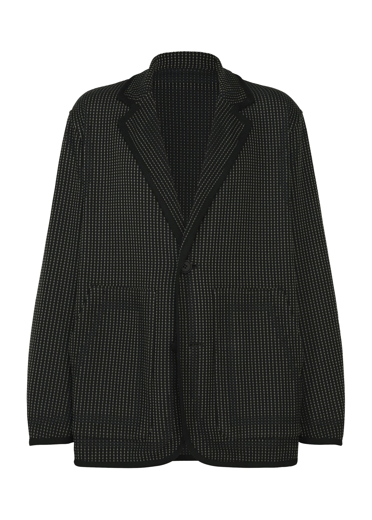 Zoomed view TYPE-K 012 by A-POC ABLE ISSEY MIYAKE: black blazer with a subtle dotted sashiko-inspired pattern, notched lapel, single button closure, and two front pockets. Relaxed fit mimics a woven form. - BLACK-HUED （no.17）