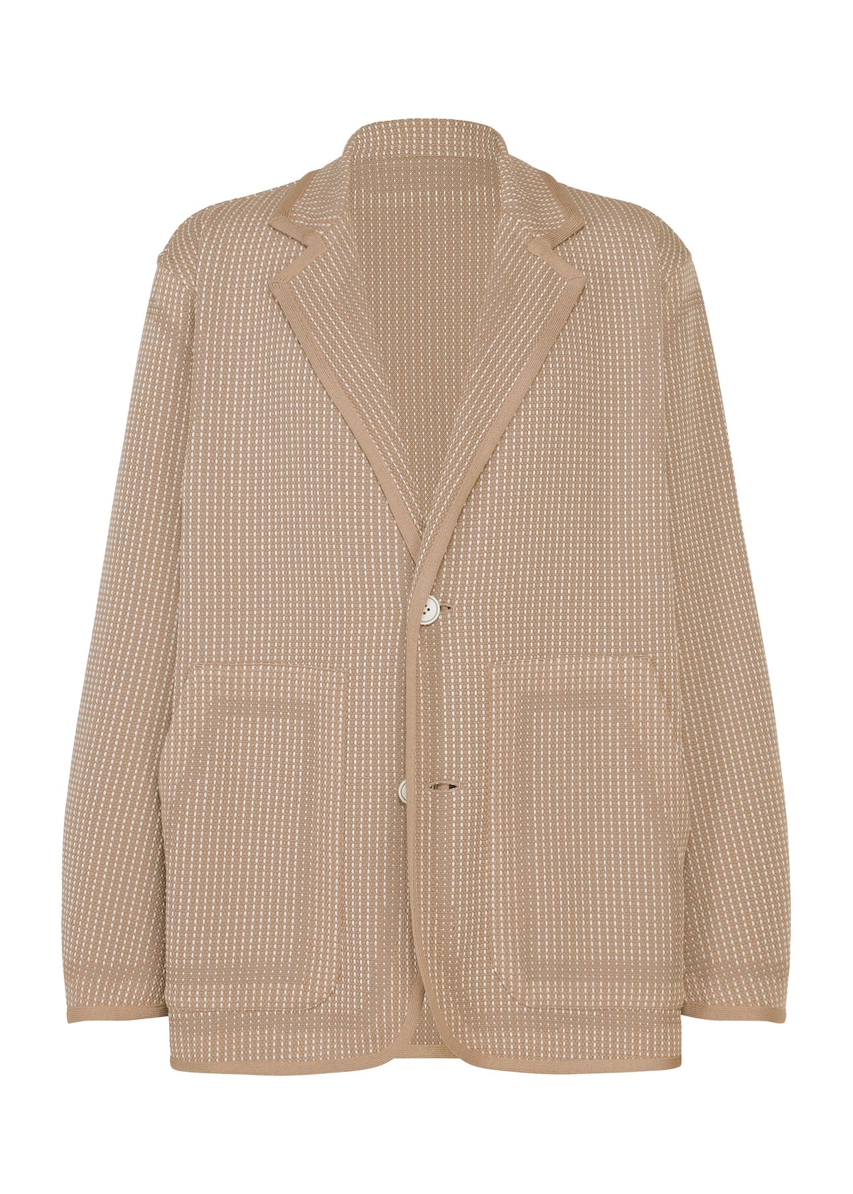 TYPE-K 012 by A-POC ABLE ISSEY MIYAKE: Tan blazer with a subtle white dotted woven pattern, notched lapel, two front patch pockets, two buttons, and a relaxed, unstructured fit. view 2 of 11