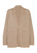 TYPE-K 012 by A-POC ABLE ISSEY MIYAKE: Tan blazer with a subtle white dotted woven pattern, notched lapel, two front patch pockets, two buttons, and a relaxed, unstructured fit. - BEIGE-HUED （no.46）