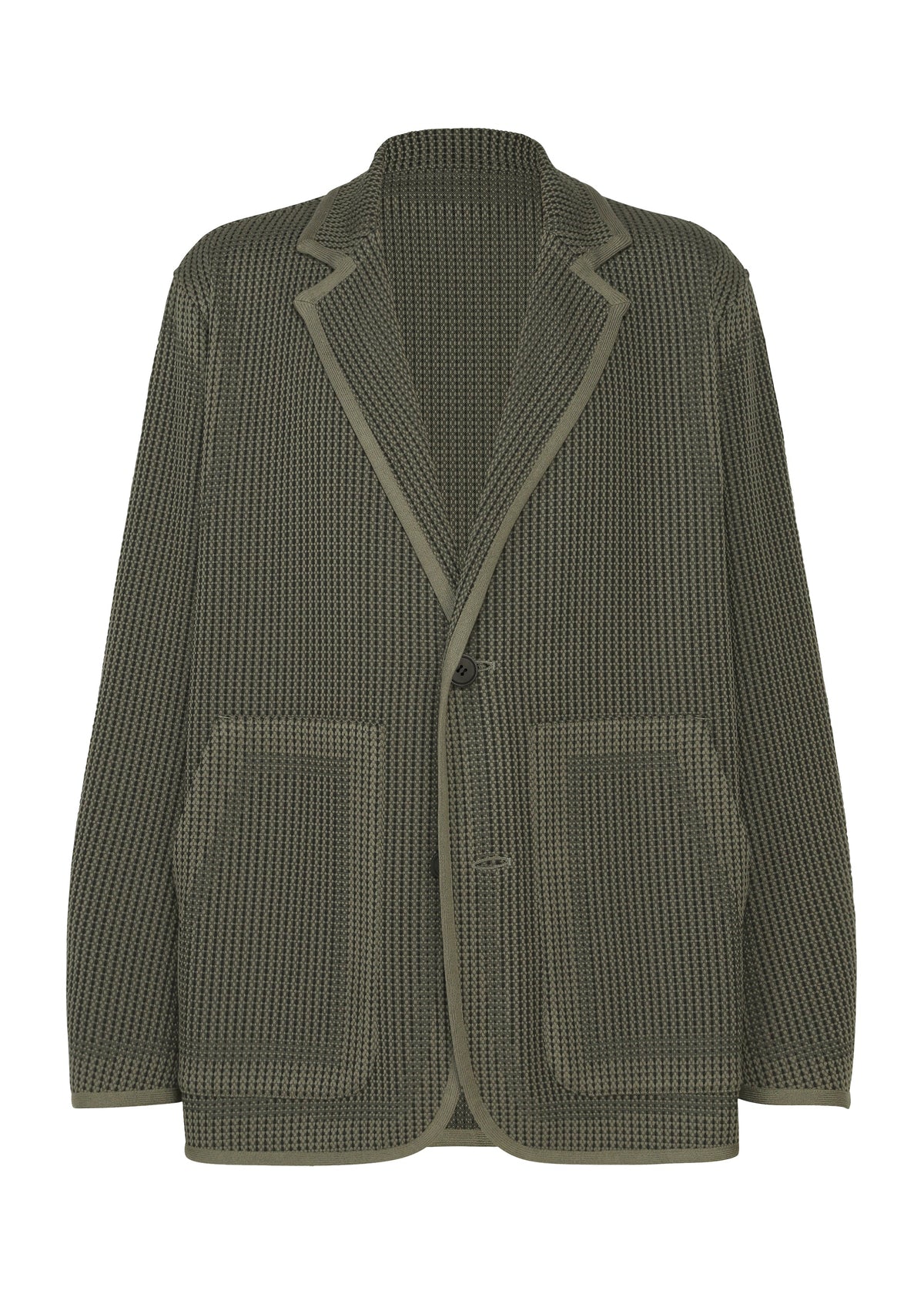 The TYPE-K 012 by A-POC ABLE ISSEY MIYAKE is an olive green textured knit blazer with notched lapels, front button closure, two large pockets, sashiko-style seams, and a relaxed woven-like fit. view 3 of 11